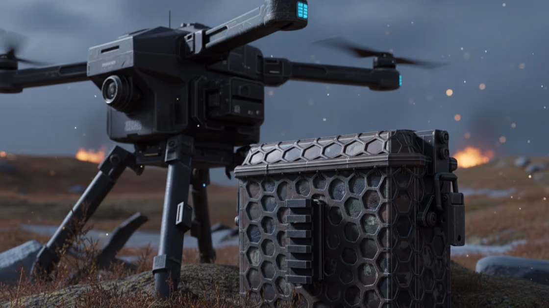 A configurable lattice payload enclosure beside an unmanned aerial drone in the field
